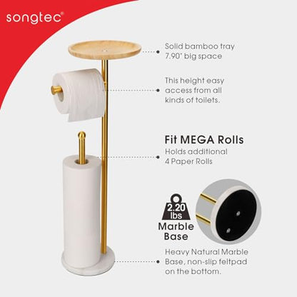 Standing Toilet Paper Holder Gold with 7.9" Big Tray, 2.2Lbs Heavier Marble Base, Freestanding Paper Holder Stand with Phone Shelf, Holds 5 Paper Rolls (Gold) - color: Gold