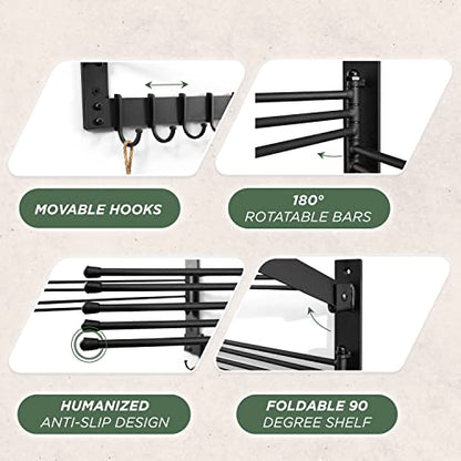 BATODA Wall-Mounted Steel Clothes Drying Rack - Swivel Towel Hanger for Laundry Room & Bathroom - Space Saver (Steel)