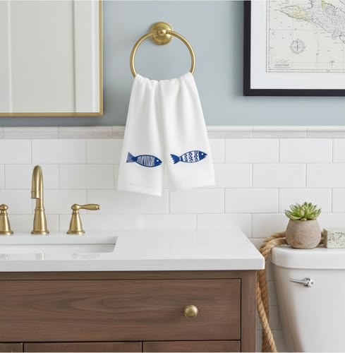 Serafina Home Summer Soft Absorbent Bathroom Coastal Guest Embroidered Fingertip Towels: Sealife Blue Fish Design, 2 Piece 12" x 18" Inches - color: Blue Fish
