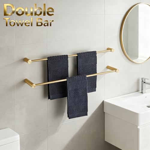 Towel Racks for Bathroom, NEWRAIN 30 inch Double Bath Towel Bar Wall Mounted, Stainless Steel Kitchen Towel Holder, Brushed Gold Towel Rod Towel Rail Hange - color: Brushed Gold, style: Double Bar