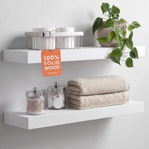 White Floating Shelves 24 inch, High End Solid Real Wood 24inch Bathroom Floating Shelf for Wall Mounted, White Wooden 24in Floating Shelves, Heavy Duty Bracket, 24 X 6.5 X 1.75 in, Set of 2 - color: Classic White - Soft Neutral Satin, size: 24 inch