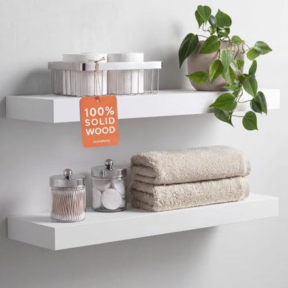 White Floating Shelves 24 inch, High End Solid Real Wood 24inch Bathroom Floating Shelf for Wall Mounted, White Wooden 24in Floating Shelves, Heavy Duty Bracket, 24 X 6.5 X 1.75 in, Set of 2 - color: Classic White - Soft Neutral Satin, size: 24 inch