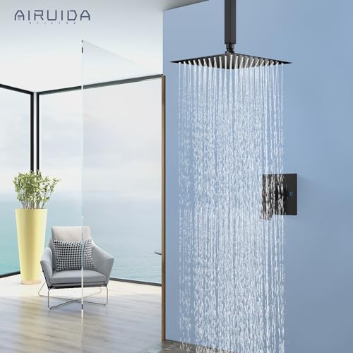 Airuida 10 Inch Matte Black Shower Faucet Set,Rainfall Shower System | Ceiling Shower Head,Male Thread Rough-in Valve,Ceiling Mount,Single Handle - color: Matte Black, size: 10 Inch