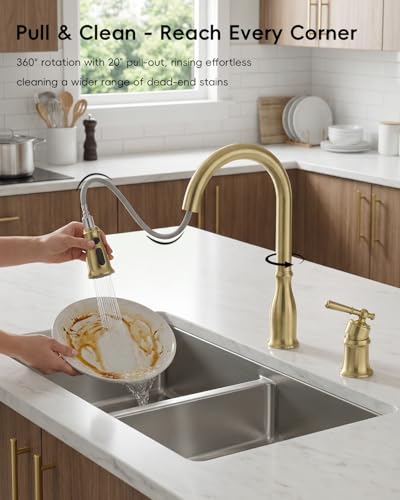 DAYONE Gold Kitchen Sink Faucets with Soap Dispenser and Separate Handle 3 Holes, 2 Holes Pull Down Brushed Gold Sink Faucet for Kitchen, Single Handle High Arc, DAY-CR272 - color: Brushed Gold, style: 3 Holes