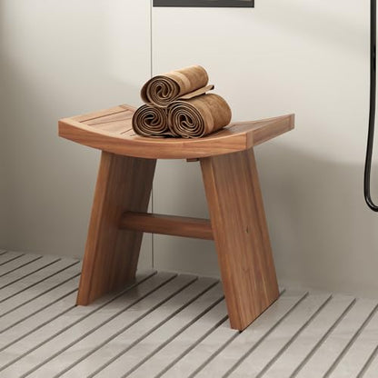 Giantex Teak Wood Shower Bench, Waterproof Shower Stool with Curved Seat for Inside Shower, Spa Bathing Step Foot Rest, Bathroom Stool for Elderly Seniors, Indoor and Outdoor Use, 18" x 13" x 17.5"