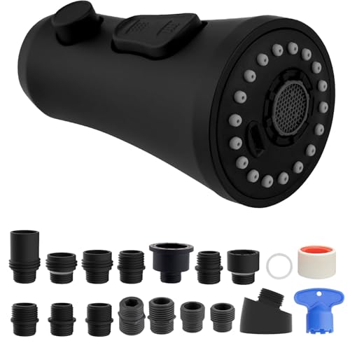Hibbent Pull Down Kitchen Faucet Head Replacement, 3-Function NSF/ANSI/CAN 61 & CUPC Certified Sink Spray Nozzle, 15 Adapters, Compatible with Moen, Delta, Kohler Faucets, Matte Black - color: Matte Black, style: Stay on sprayer without hold button