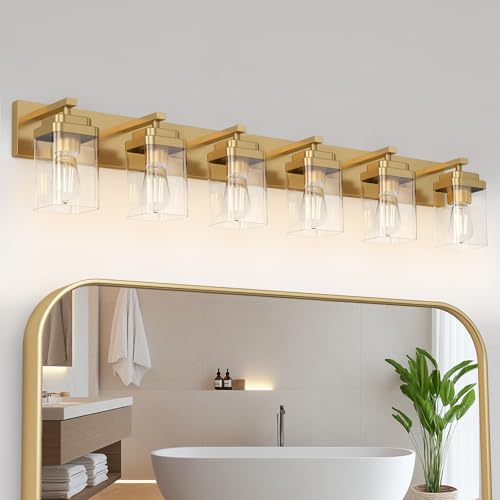 Brushed Gold Bathroom Light Fixtures, 6 Lights Bathroom Lighting Fixtures Over Mirror, Square Design & Rectangle Large Backplate, Modern Vanity Lighting Fixtures, for Living Room/Bedroom - color: Gold, size: 46-inch, 6-Light