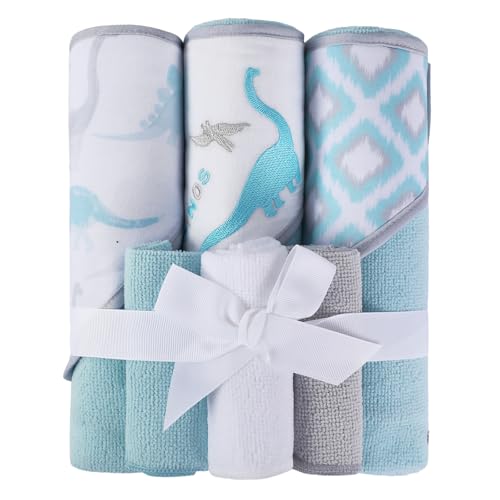 Softan Baby Hooded Towels and Washcloths Set 6 Pack, 28x28 Ultra Soft & Absorbent Baby Bath Towels for Newborn Infant Toddler, Unisex Boys Girls (Blue Dionsaur) - color: Blue Dionsaur