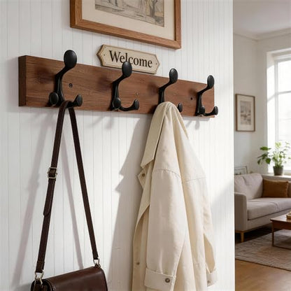 WEBI Coat Rack Wall Mount,24" Solid Wood Coat Hooks Wall Mounted Coat Hanger,16" Hole to Hole,Heavy Duty 4 Triple Hooks for Hanging Coats,Jacket,Hat,Backpack,Farmhouse,Reddish Brown - color: Reddish Brown, size: 24 Inch