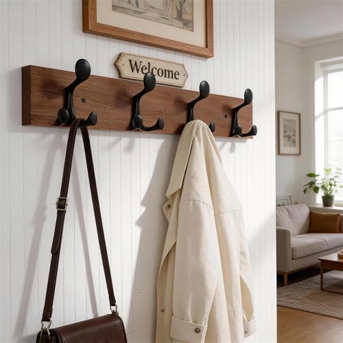 WEBI Coat Rack Wall Mount,24" Solid Wood Coat Hooks Wall Mounted Coat Hanger,16" Hole to Hole,Heavy Duty 4 Triple Hooks for Hanging Coats,Jacket,Hat,Backpack,Farmhouse,Reddish Brown,2 Packs - color: Reddish Brown, size: 24 Inch(2 Pcs)