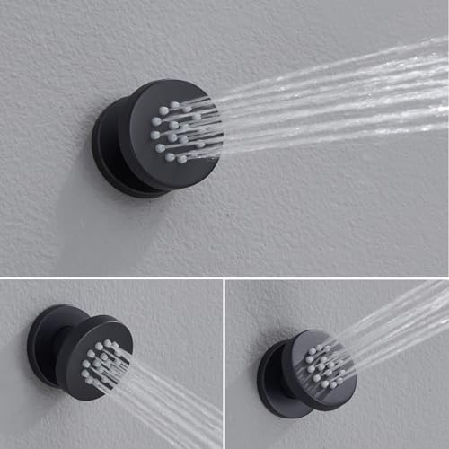 Iriber Mattle Black Round Rain Shower System with 4 PCS Body Jets 3 Function Shower Faucet Set Contain 12 Inch Shower Head and Handheld Wall Mounted Pressure Balance Shower Trim Kit (Valve Included) - color: Matte Black 04