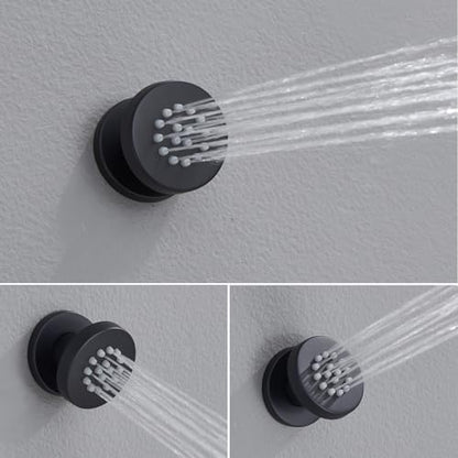 Iriber Mattle Black Round Rain Shower System with 4 PCS Body Jets 3 Function Shower Faucet Set Contain 12 Inch Shower Head and Handheld Wall Mounted Pressure Balance Shower Trim Kit (Valve Included) - color: Matte Black 04