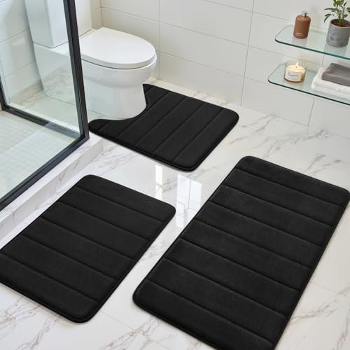 BYSURE Black Memory Foam Bathroom Rug Set 3 Piece, Non Slip Extra Soft Absorbent Washable & Dry Toilet Bath Mat Sets - color: Black-stripe, size: 1'5" x 2'8" (Rectangular, U-shaped)