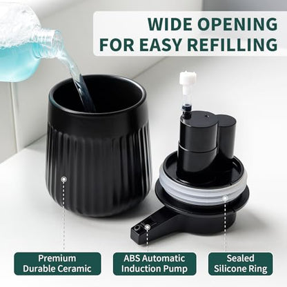 BosilunLife Ceramic Automatic Soap Dispenser with Extended Pump Nozzle, 3 Adjustable Levels, Touchless Foam Hand Wash Foaming Dispenser for Bathroom & Kitchen, Striped Design, Black, 10oz - color: Striped-black