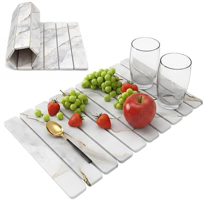 Large Stone Dish Drying Mat for Kitchen Counter, Foldable & Super Absorbent Diatomaceous Earth Drying Pad for Dishes, Cups, Bottles with Anti-Slip Mesh & Quick Dry (White Marble 24"L x 16"W) - color: White Marble