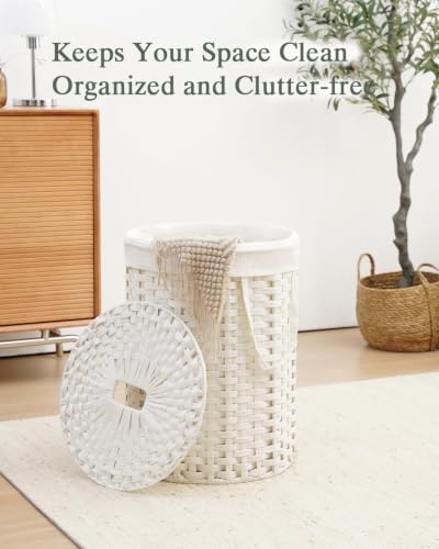 SETVSON Laundry Hamper with Lid Round Laundry Basket 23.8 Gal White | The lid hides dirty clothes, keeping spaces neat and fresh. 90 L Large Capacity, Stylish Design with Handles Easy Transport - color: White, size: 90 L