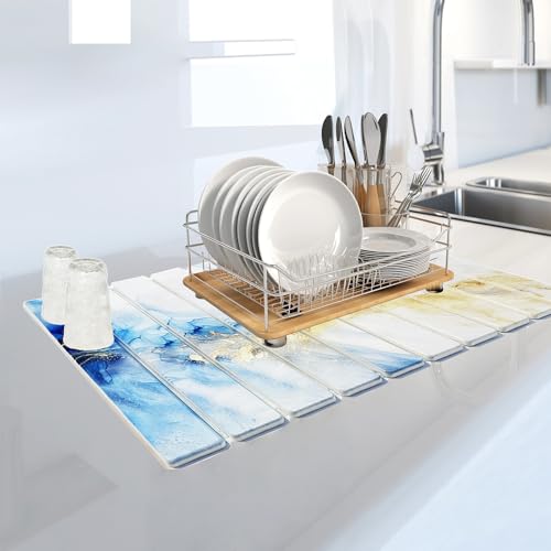 Stone Drying Mat for Kitchen Counter - Quick Dry Stone Dish Drying Mat, Large Non-Slip Stone Bath Mats for Bathroom & Kitchen Sink, Foldable Fast Drying Stone Sink Mat (blue gold) - color: blue gold