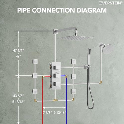 Wall Mount 12" High-Pressure Rainfall Shower Faucet, Dual Rainfall Shower Head System with 6 Body Jets (Brushed Nickel) | Wall Mount, High-Pressure, Dual Rainfall Shower Head System, 6 Body Jets - color: Brushed Nickel