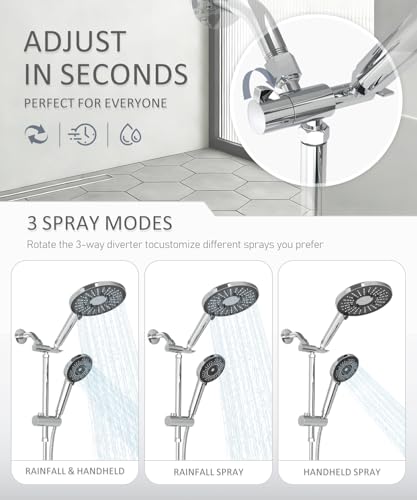 Filtered Shower Head with Handheld High Pressure Shower Head with Filters | 3-spray Dual Rain Shower Heads Filtered Shower Head for Hard Water Removes Chlorine & Heavy Metals 59'' Hose & Holder Chrome