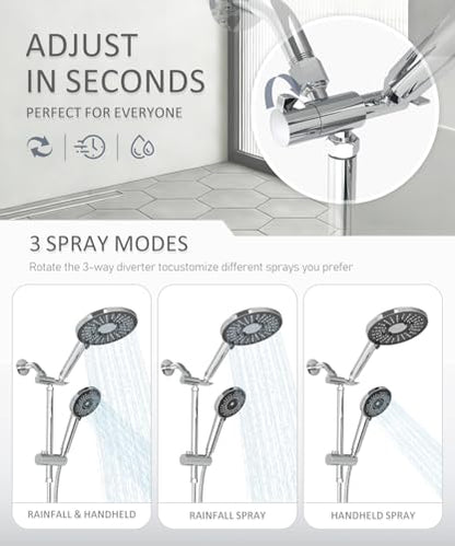Filtered Shower Head with Handheld High Pressure Shower Head with Filters | 3-spray Dual Rain Shower Heads Filtered Shower Head for Hard Water Removes Chlorine & Heavy Metals 59'' Hose & Holder Chrome