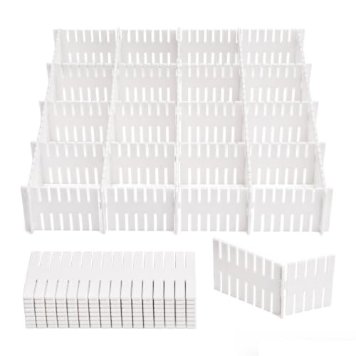 24 Pack Drawer Organizer Dividers, Adjustable DIY Storage Separator for Tidying Clutter Cutlery Underwear Socks Clothes Dresses Desk & Box in Kitchen Bathroom Bedroom Office (Cut at Will)