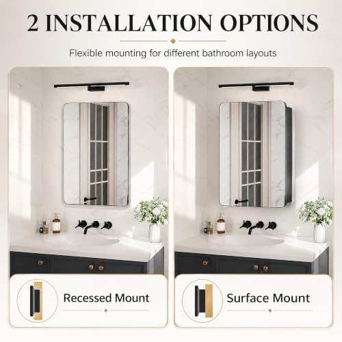 20x30 Black Medicine Cabinet Mirror, Recessed or Surface Mount | Built-in makeup organizer with lipstick slots, Brush holders and inner mirror; 3 adjustable shelves; Rustproof aluminum - size: 20" x 30"