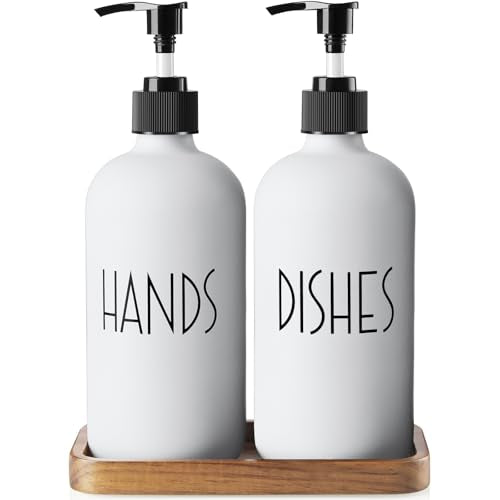 ALELION White Dish Soap Dispenser Set for Kitchen - 16 OZ Hand Soap Dispenser with Pump and Acacia Wood Tray - for White Kitchen Decor and Accessories - color: White