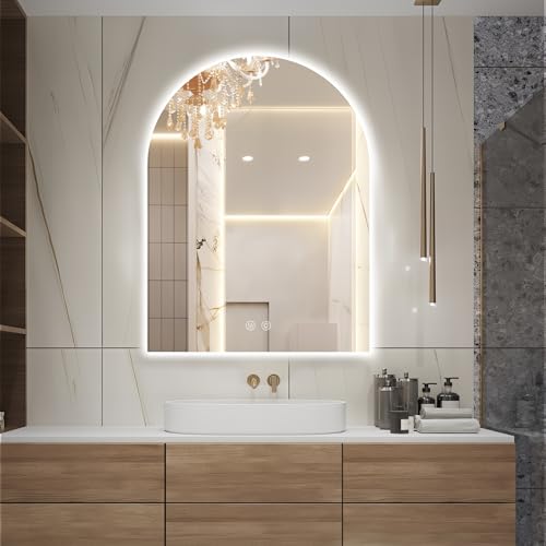 Niccy Arched LED Bathroom Mirrors, Frameless Backlit Vanity Mirror, 40"x30" | Wall Mounted Arch Mirror with Defogger & 3 Color Light, Explosion-Proof HD Glass, IP65 Waterproof for Bathroom - size: 40"L x 30"W
