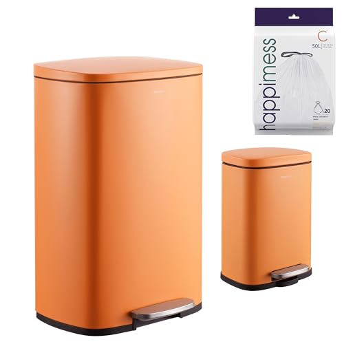 happimess Connor 2-Piece Iron Trash Can, Carrot Cake | 13.2 And 1.3 Gallons, Rectangular, Soft-Close Lid, Step Pedal, 20 Liners, 26" And 12" Height - color: Carrot Cake
