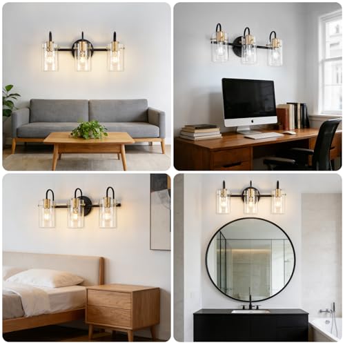 3 Light Bathroom Vanity Light, Black and Gold Bathroom Wall Light Fixtures with Clear Glass Shade, Modern Wall Sconces Wall Lamp Over Mirror Kitchen Living Room Bedroom Hallway Cabinet - color: Black Gold