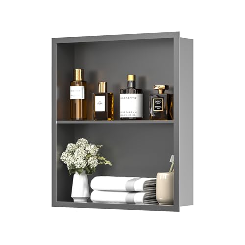 14x18 Recessed Medicine Cabinet, Bathroom Wall Cabinet, 304 Stainless Steel Recessed Wall Niche with 2-Tiers Shelves, Matte Gray - color: Matte Gray, size: 14'' x 18''
