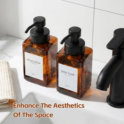 Foaming Hand Soap Dispenser, 12oz/350ml Glass Foaming Soap Dispenser, 2Pcs Foaming Soap Dispenser, Waterproof Labels, for Bathroom & Kitchen, Amber