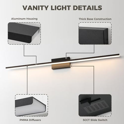 JUSHENG Black Modern LED Vanity Lights for Bathroom Light Fixtures, 47.24 Inch 42W 5CCT Dimmable Vanity Light Bar Bathroom Lighting - color: Black-5CCT, size: 47.24'' Long-Dimmable