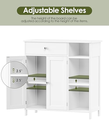 Keehusux White Cabinet with Large Drawer, Floor Bathroom Storage Cabinet with Doors & Adjustable Shelves, Modern Storage Cupboard with 3 Open Space for Living Room, Entryway, Dining Room