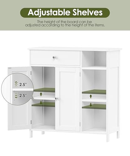 Keehusux White Cabinet with Large Drawer, Floor Bathroom Storage Cabinet with Doors & Adjustable Shelves, Modern Storage Cupboard with 3 Open Space for Living Room, Entryway, Dining Room