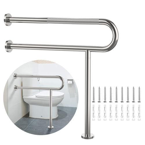 Toilet Support Rail 32 Inch, Munzong Anti-Slip Chrome Handicap Floor Rails | Bathroom Stainless Steel Knurled Safety Handrails with Leg for Elderly Disabled Pregnant-1.25’Tube - color: Chrome, size: 32 Inch