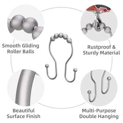 Shower Curtain Hooks Silver, Bathway Shower Curtain Rings Rust Proof, Shower Hooks for Shower Curtain Balanced Smooth Glide Double Shower Curtain Hooks, 12 Pcs - color: Space Silver