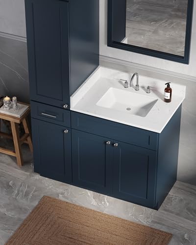 45" Bathroom Vanity with Linen Storage Tower, Carrara Quartz Top and Ceramic Sink, Left or Right Side Option, Solid Wood Frame, 46" x 22" x 72" (Navy Blue, Left Tall Cabinet) - color: Navy Blue