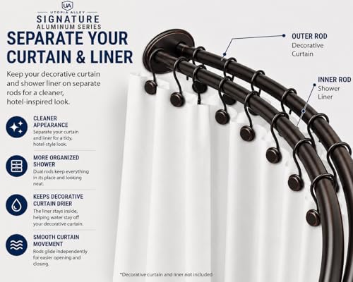 Utopia Alley Signature Aluminum Series Double Curved Shower Curtain Rod, Adjustable 45-72 Inch, Rustproof Aluminum, Dual Rod, Separates Curtain & Liner, Adds 8 Inches More Space, Oil Rubbed Bronze - color: Oil Rubbed Bronze