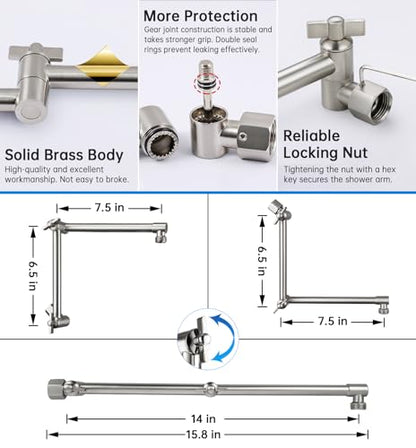 G-Promise All Metal 14 Inches Rainfall Shower Head with Handheld Combo | All Metal, Built to Last, Easy Install, Adjustable Height & Angle for All Heights, Extra Long Hose, Modern Upgrade - color: Brushed Nickel, size: 14 Inches