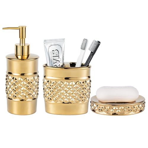 3-Piece Gold Ceramic Bathroom Accessories Set - Luxurious Soap Dispenser, Toothbrush Holder & Soap Dish with Modern Geo Embossed Design for Bathroom Accessory Set - color: Gold 022