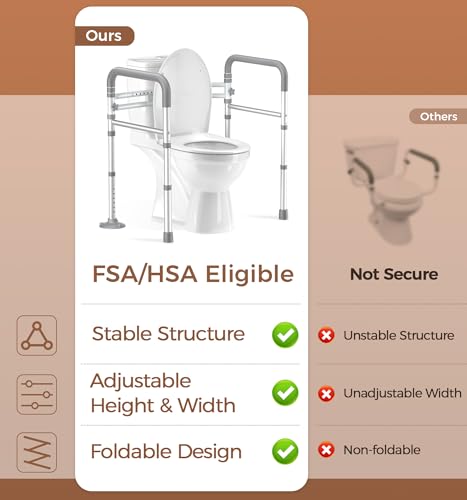 Soundfuse Toilet Safety Rails for Seniors, Adjustable Toilet Handles for Elderly and Disabled, Foldable Handicap Toilet Safety Frame Fit Any Toilets (350 LB)