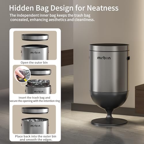 Mrbin Stainless Steel Motion Sensor Trash Can with Lid, 5.3 Gallon Wine Glass Shaped Automatic Waste Basket Touchless, Smart Round Tall Garbage with High Leg for Office, Bedroom, Kitchen, Eclipse Grey - color: Eclipse Grey, style: Wine Glass Style