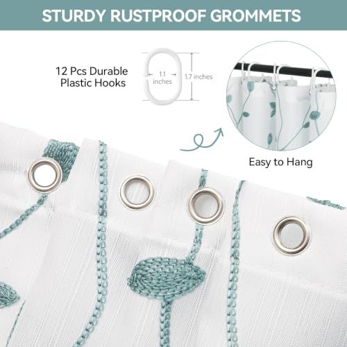 Embroidered Leaf Farmhouse Shower Curtain,Faux Linen,72Wx72L,White Teal | Boho Modern Shower Curtain Set, Washable & Waterproof Fabric, Floral Shower Curtains for Bathroom with Hooks - color: White Teal