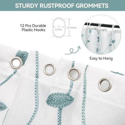 Embroidered Leaf Farmhouse Shower Curtain,Faux Linen,72Wx72L,White Teal | Boho Modern Shower Curtain Set, Washable & Waterproof Fabric, Floral Shower Curtains for Bathroom with Hooks - color: White Teal