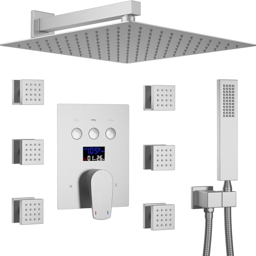 Temperature Display Rain Mixer Shower Faucet Set with 6 Body Jets 12 inch Square Rainfall Shower Head with Handheld Spray Wall Mounted Rough-in Valve and Trim Included,Brushed Nickel - color: Brushed Nickel