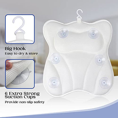 Bath Pillow, Bathtub Pillow with Anti-Slip Suction Cups, 4D Mesh Soft Spa Bath Tub Pillow Headrest, Bath Pillows for Tub with Neck and Back Support Fits Bathtub Spa Tub Jacuzzi, Fathers Day Dad Gifts