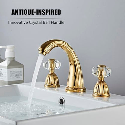 Shiny Polished Gold Widespread Bathroom Sink Faucet and Pop Up Drain