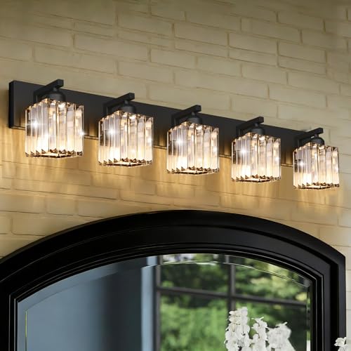 Black Crystal Bathroom Vanity Light, 5-Light Modern Bathroom Lighting Fixtures Over Mirror, Matte Black Wall Sconce Light Fixtures with Square Shade - color: Black-Square Shade, size: 5-LIGHT
