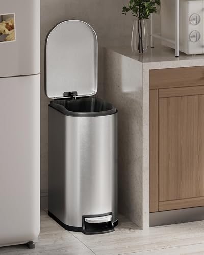 GarveeHome 13 Gal / 50 L Stainless Steel Kitchen Trash Can with Lid, Slim Step-On Garbage Bin, Large Rustproof Metal Trash Can with Soft Close, Inner Bucket & Rear Handle, Silver - color: Silver, size: 13 Gallon